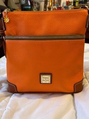 Dooney & Bourke Orange Pebbled Leather Crossbody with Brown Trim